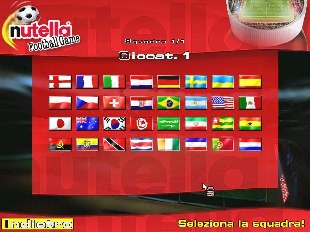 Schermata di selezione squadra di Nutella Football Game