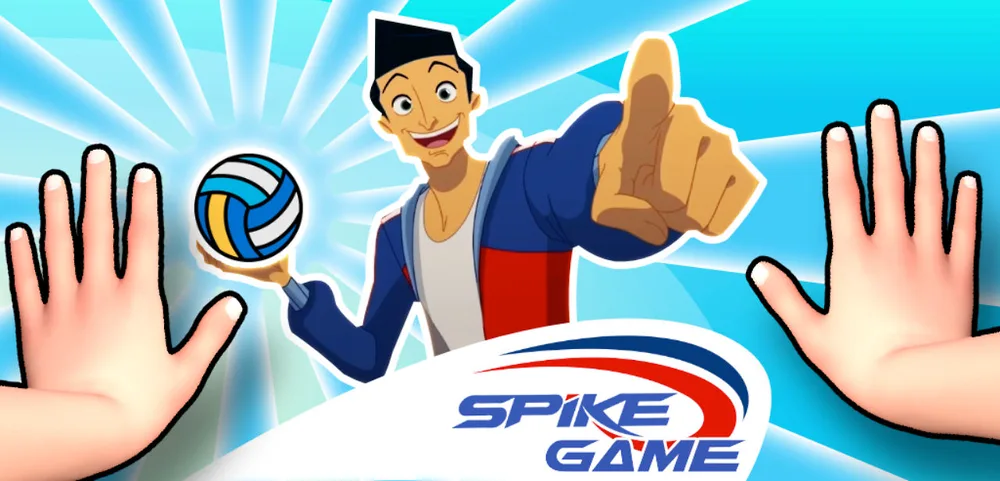 Artwork di Spike Game con mani, personaggio e pallone da pallavolo
