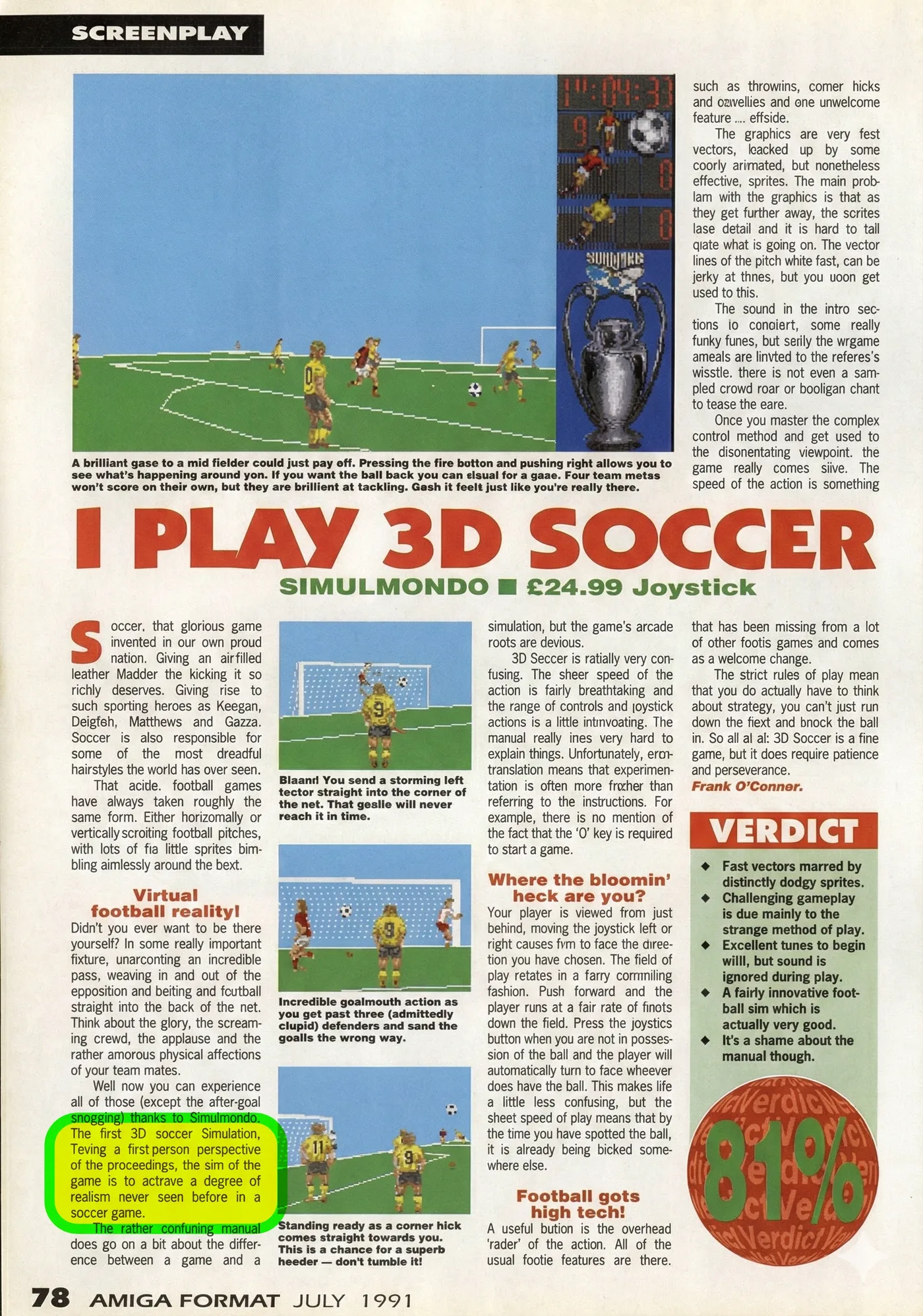 An Amiga Format article from July 1991 about I Play 3D Soccer