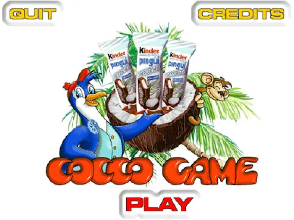 Schermata iniziale di Cocco Game con i personaggi e le confezioni Kinder Pinguì Cocco