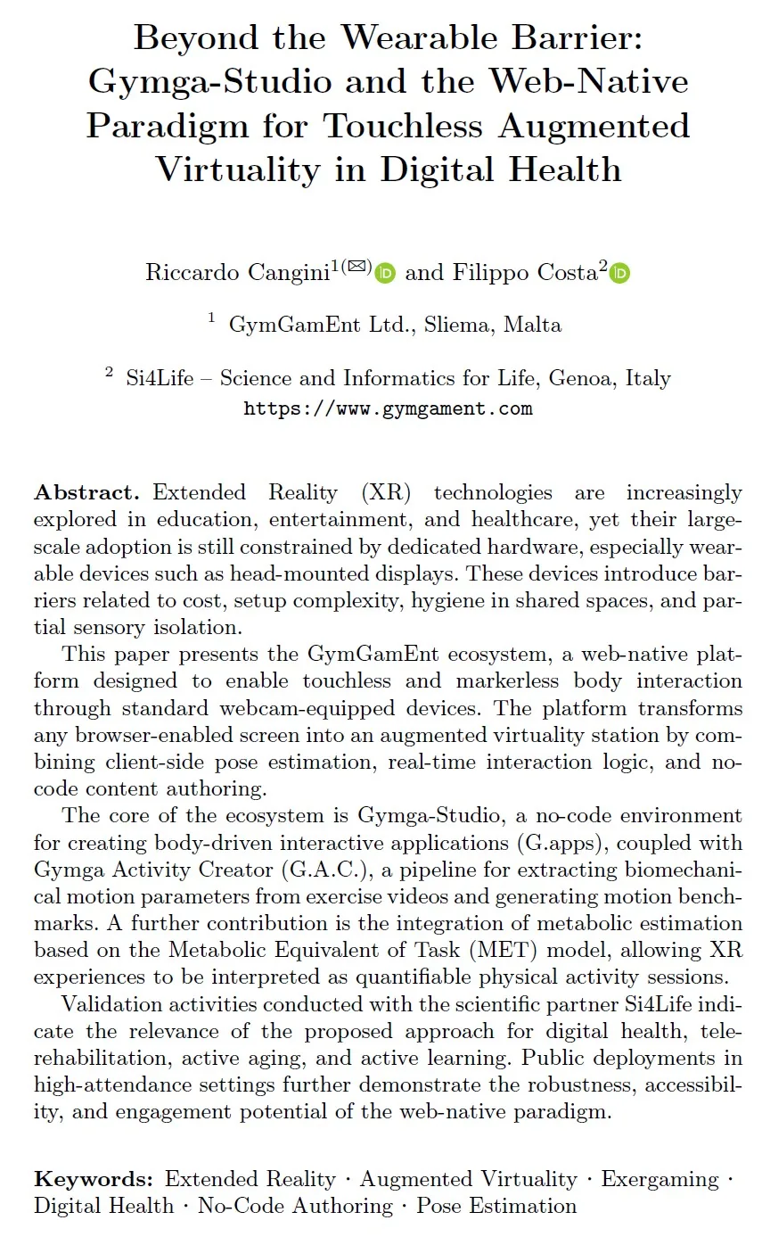 The first page of the GymGamEnt short paper accepted at XR Salento 2026